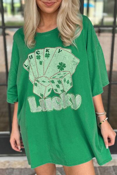 Rhinestone Lucky Poker Cards Oversized T-Shirt - Clothes For Her Online Store