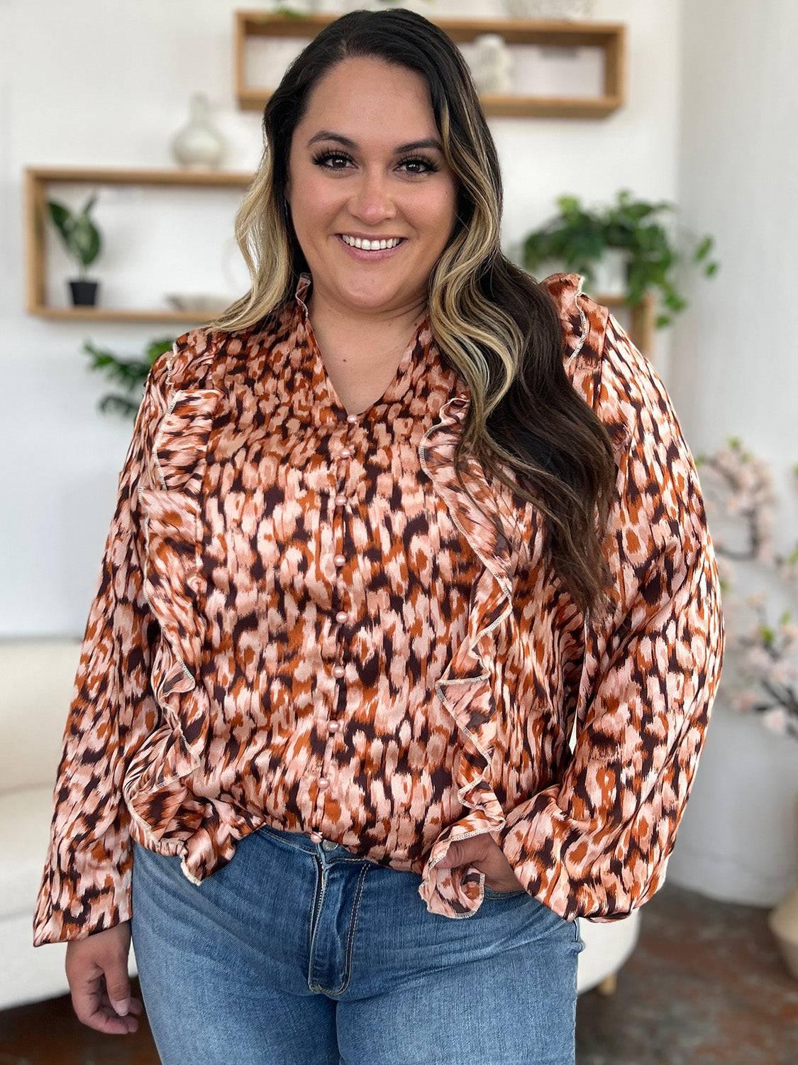 Double Take Full Size Printed Ruffle Trim Balloon Sleeve Shirt - Clothes For Her Online Store