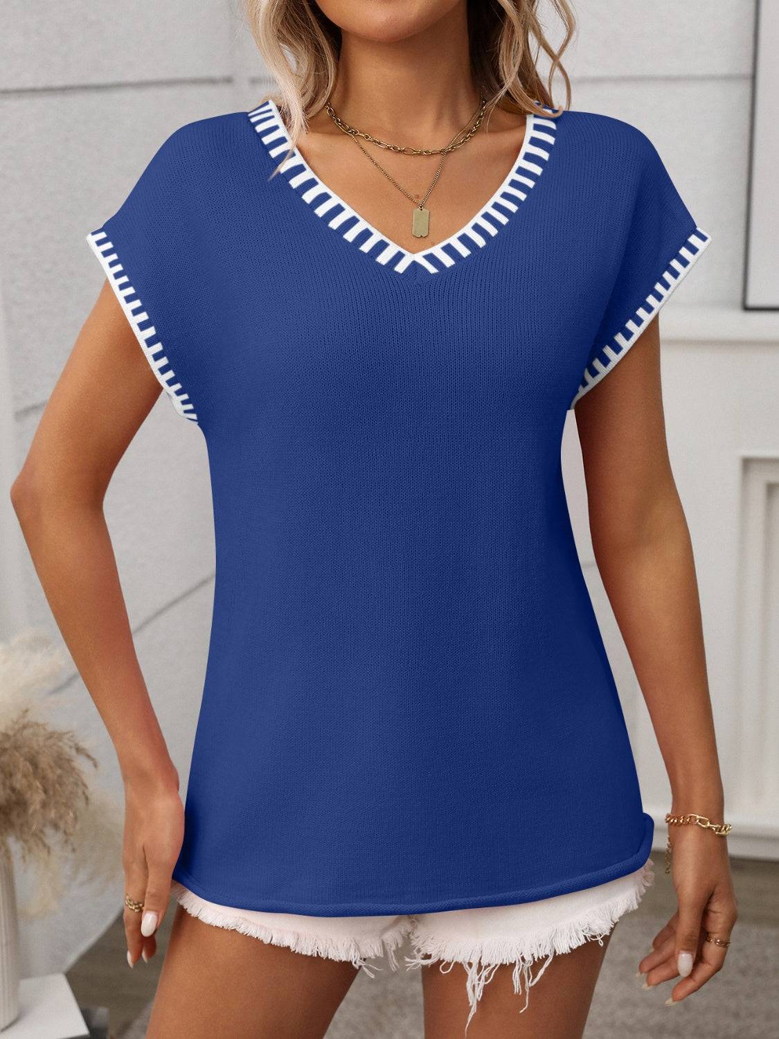 Contrast Trim V-Neck Short Sleeve Knit Top - Clothes For Her Online Store