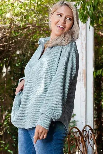 Plus Size Textured Johnny Collar Long Sleeve Sweatshirt - Clothes For Her Online Store