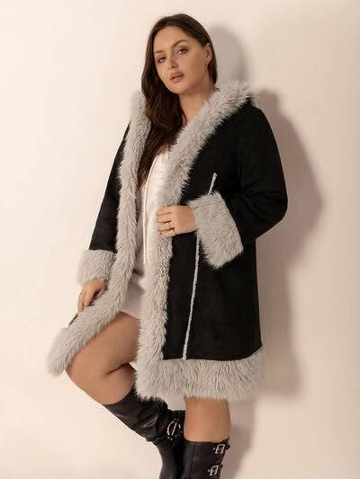 Plus Size Fuzzy Trim Open Front Long Sleeve Hooded Coat - Clothes For Her Online Store