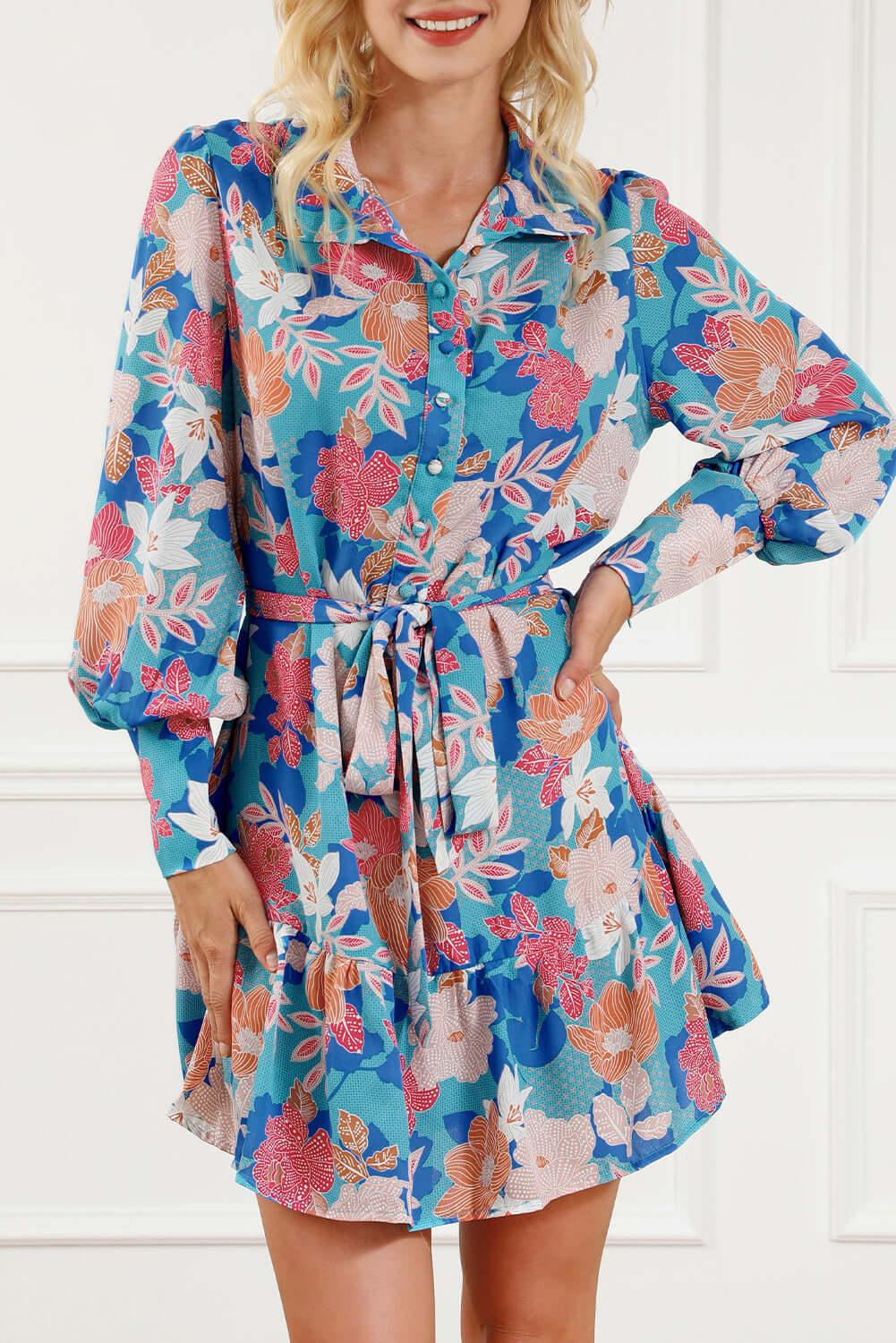 Floral Tie Waist Lantern Sleeve Ruffled Hem Mini Dress - Clothes For Her Online Store