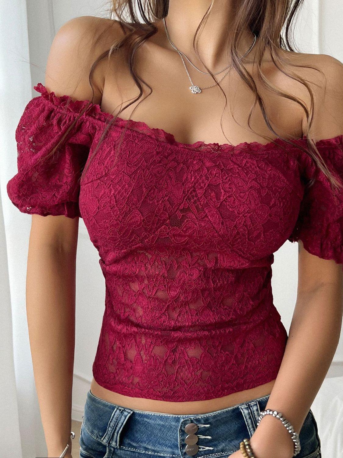 Devine Off-Shoulder Short Sleeve Lace Top - Clothes For Her Online Store