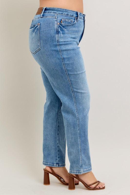 Judy Blue Full Size Tummy Control Vintage Wash Straight Jeans Plus Size - Clothes For Her Online Store