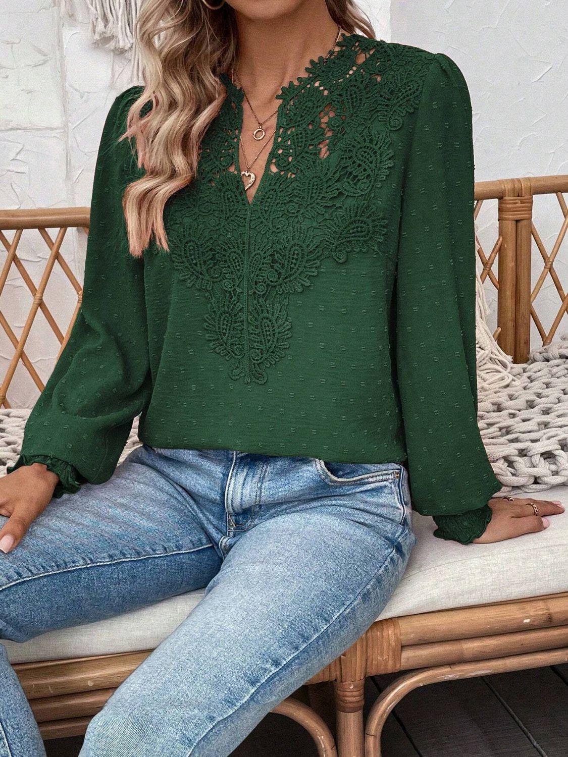 Swiss Dot Lace Detail Notched Long Sleeve Blouse - Clothes For Her Online Store