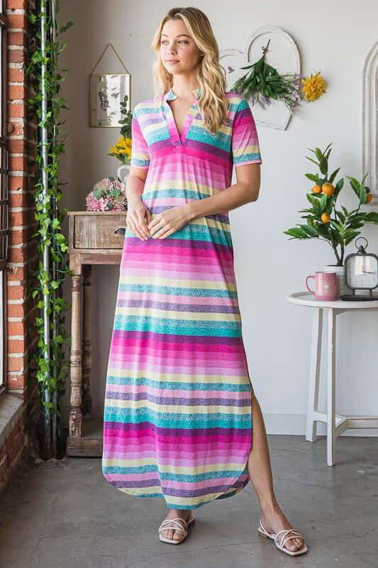 Heimish Full Size Striped Short Sleeve Maxi Tee Dress Plus Size - Clothes For Her Online Store