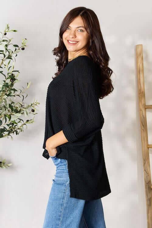 Zenana Full Size Round Neck High-Low Slit Knit Top - Clothes For Her Online Store