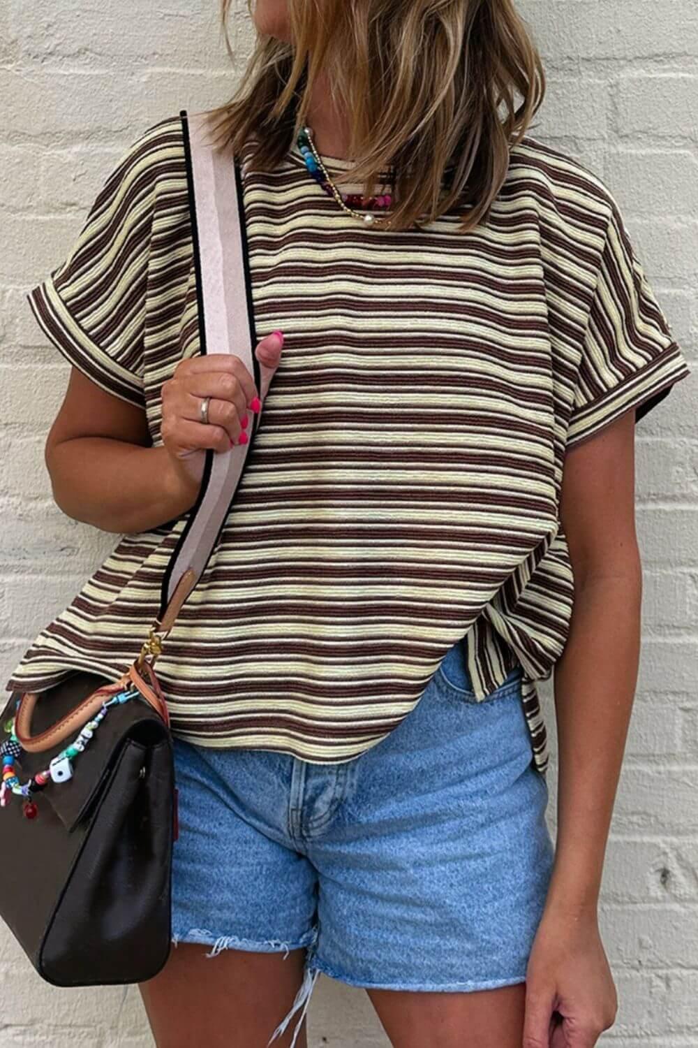 Stripe Textured Side Slit Crew Neck T-Shirt - Clothes For Her Online Store