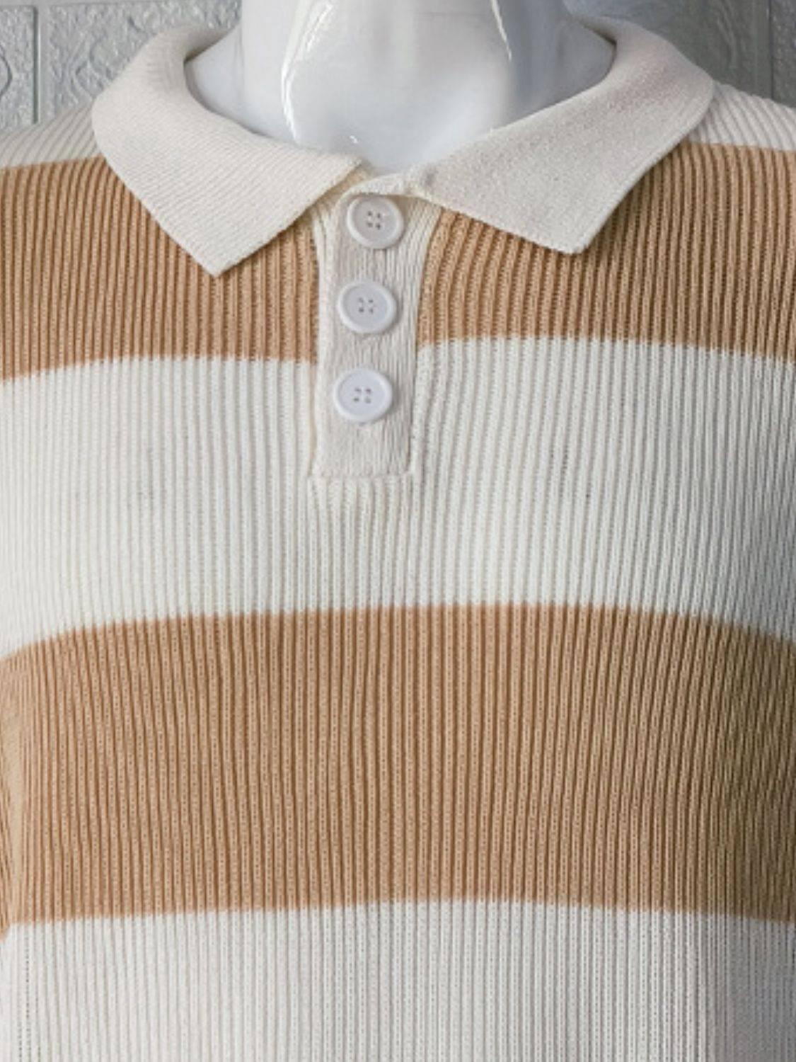 Men's Plus Size Collared Neck Striped Ribbed Knit Polo - Clothes For Her Online Store