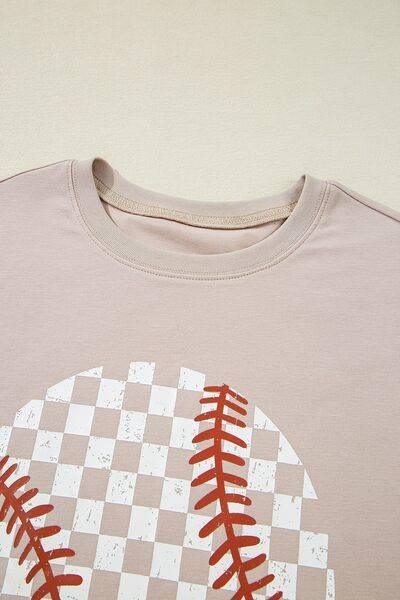 Contrast Checkered Baseball Graphic Round Neck Short Sleeve T-Shirt - Clothes For Her Online Store