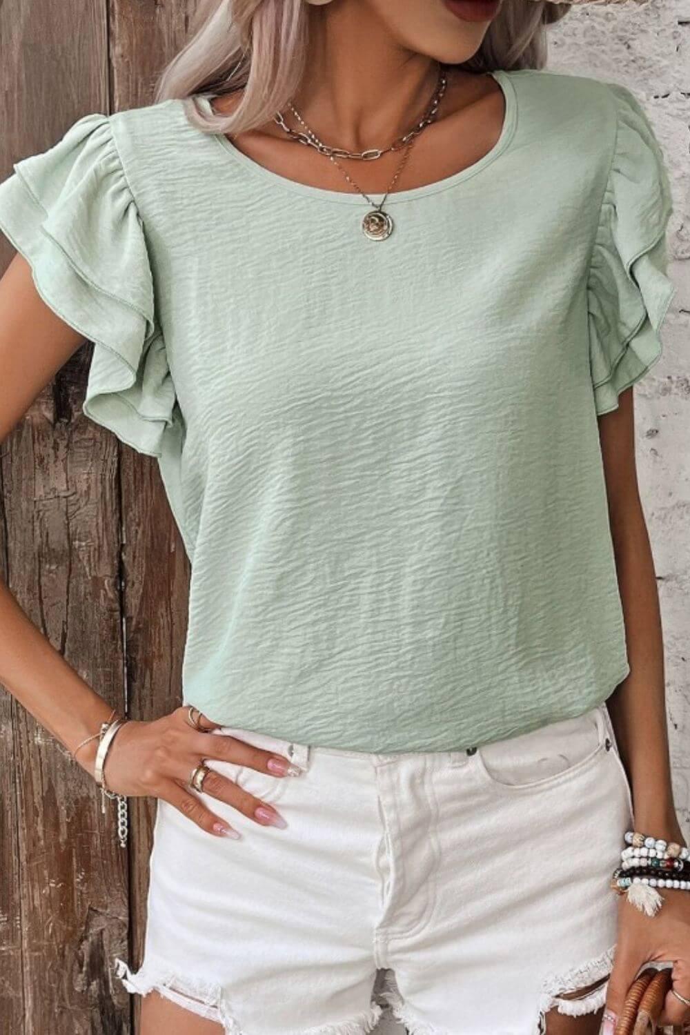 V-Neck Ruffled Cap Sleeve Blouse - Clothes For Her Online Store