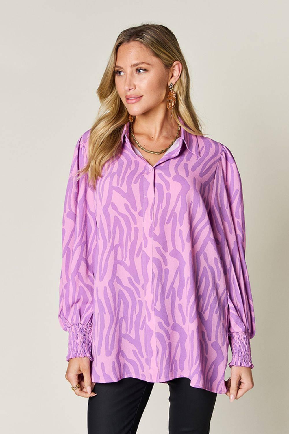 Double Take Full Size Printed Smocked Long Sleeve Blouse - Clothes For Her Online Store