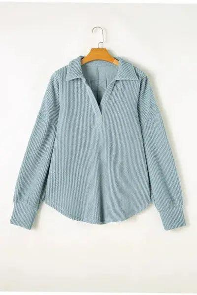 Plus Size Textured Johnny Collar Long Sleeve Sweatshirt - Clothes For Her Online Store