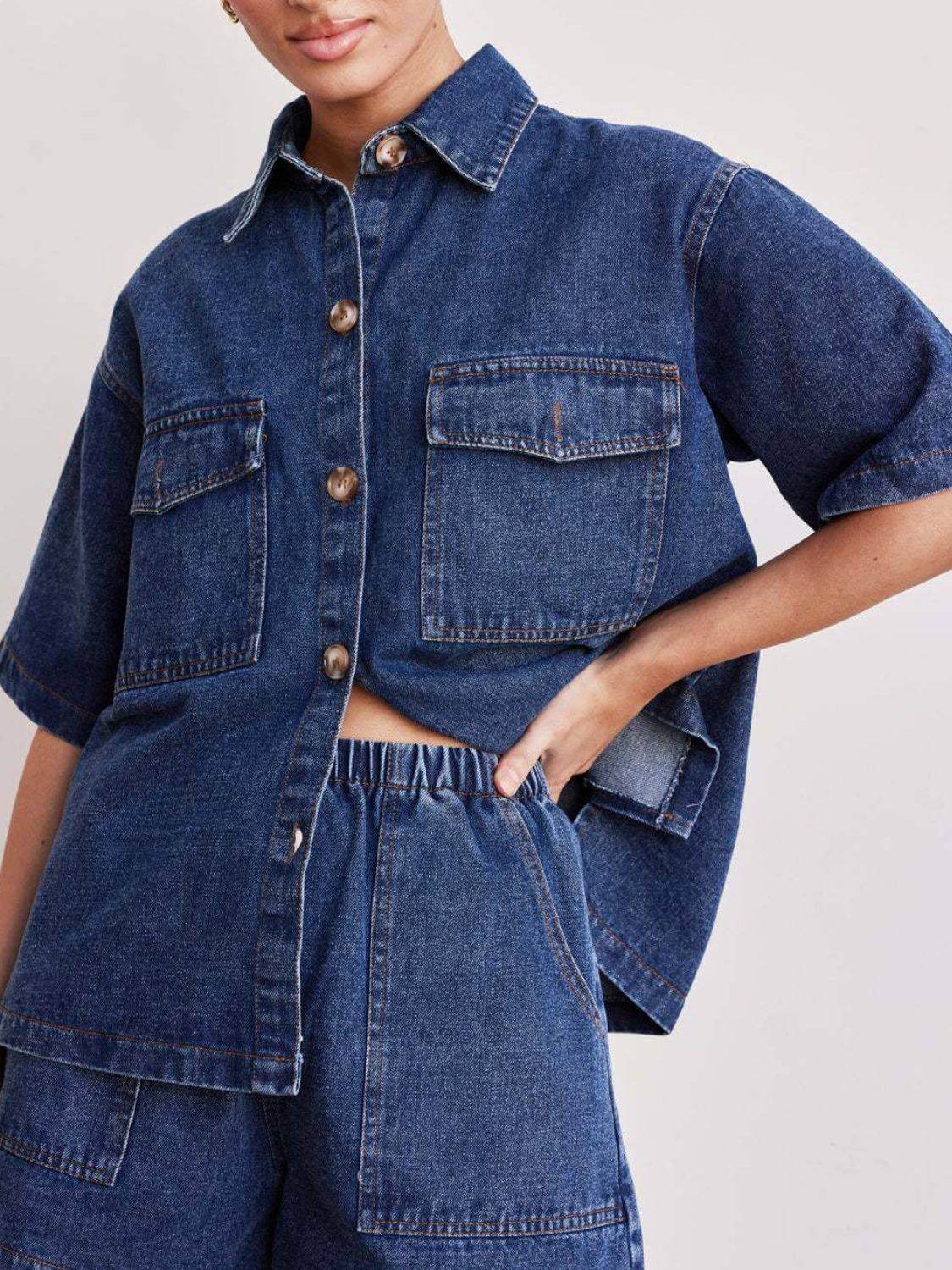Button Up Half Sleeve Denim Shirt - Clothes For Her Online Store