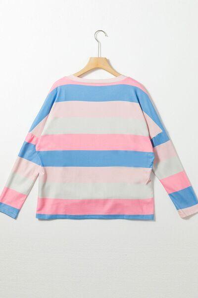 Contrast Striped V Neck Long Sleeve Top - Clothes For Her Online Store