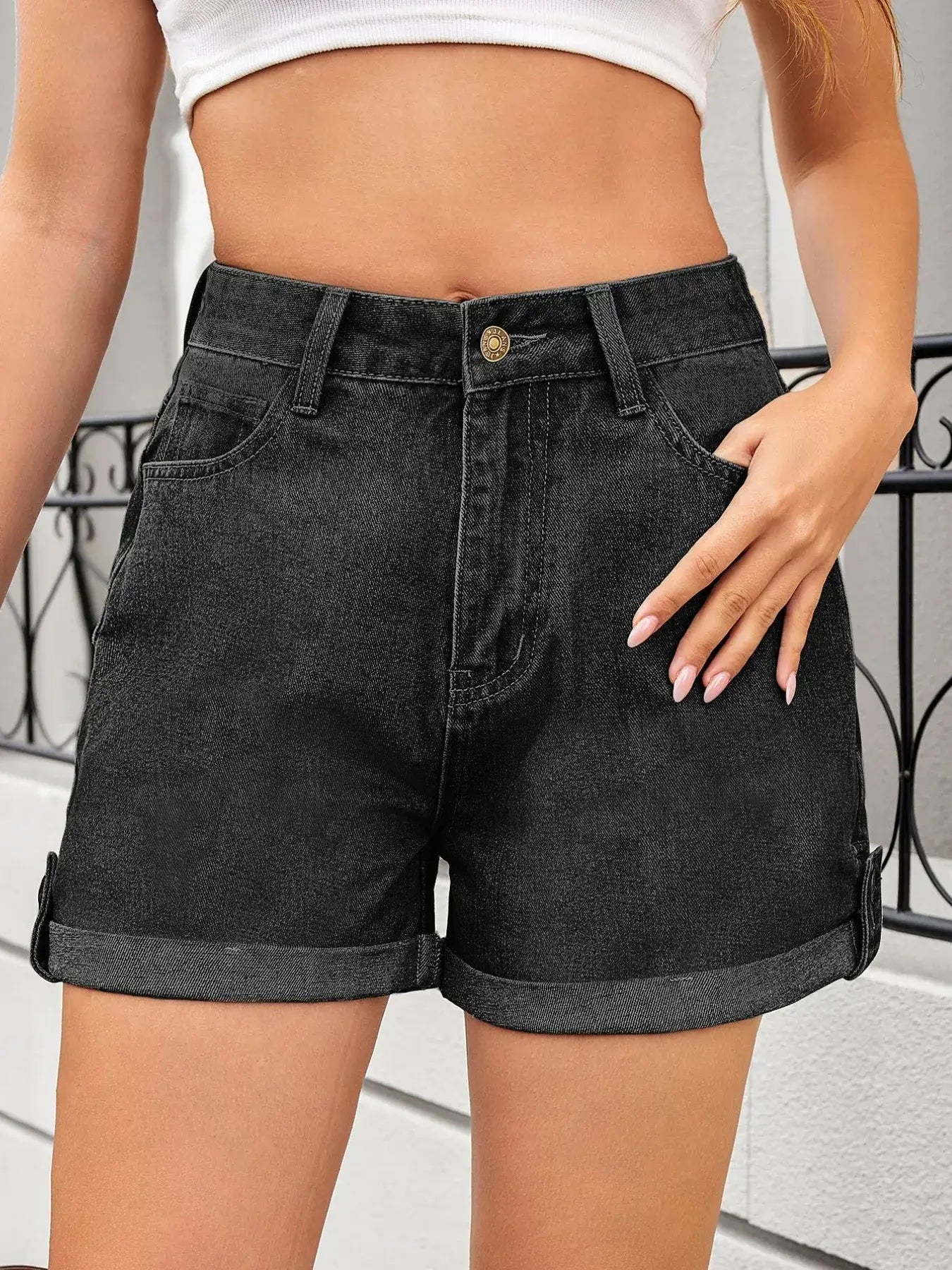High Waist Rolled Hem Gradient Denim Shorts