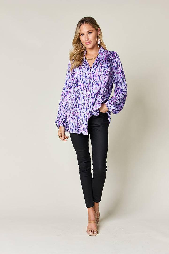 Double Take Full Size Printed Ruffle Trim Balloon Sleeve Shirt - Clothes For Her Online Store