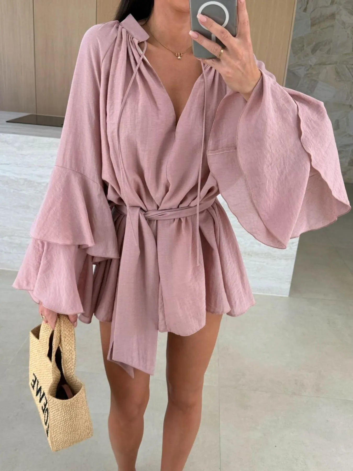 Bell Sleeve Tie Waist Mini Shirt Dress