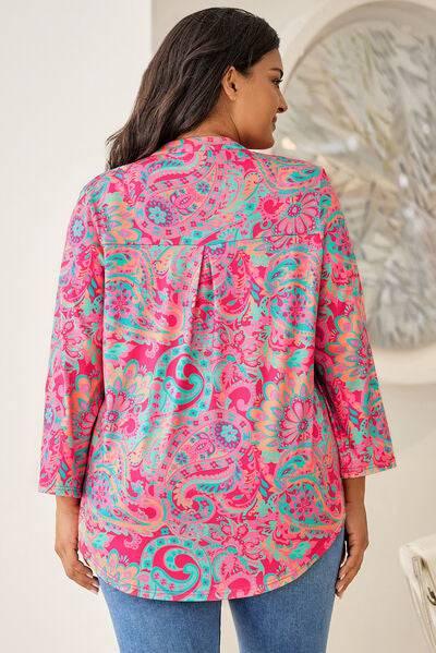 Plus Size Printed Notched Long Sleeve Blouse - Clothes For Her Online Store