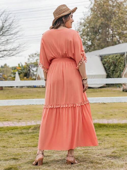 Plus Size Tassel Trim V-Neck Short Sleeve Ruffle Hem Dress - Clothes For Her Online Store