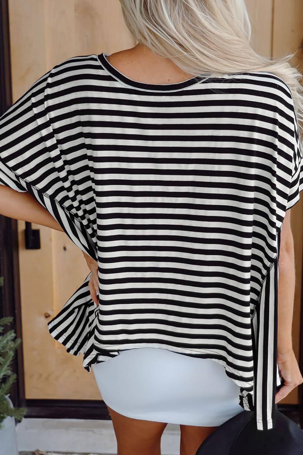 Stripe Batwing Sleeve Round Neck Oversized Top - Clothes For Her Online Store