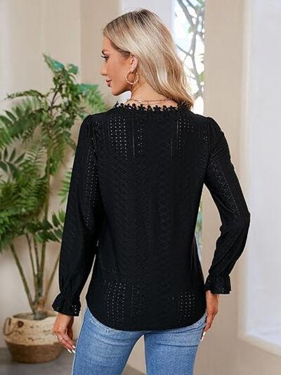 Lace Detail Eyelet V-Neck Flounce Sleeve Blouse - Clothes For Her Online Store