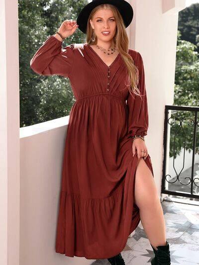 Plus Size Quarter Button V-Neck Long Sleeve Dress - Clothes For Her Online Store
