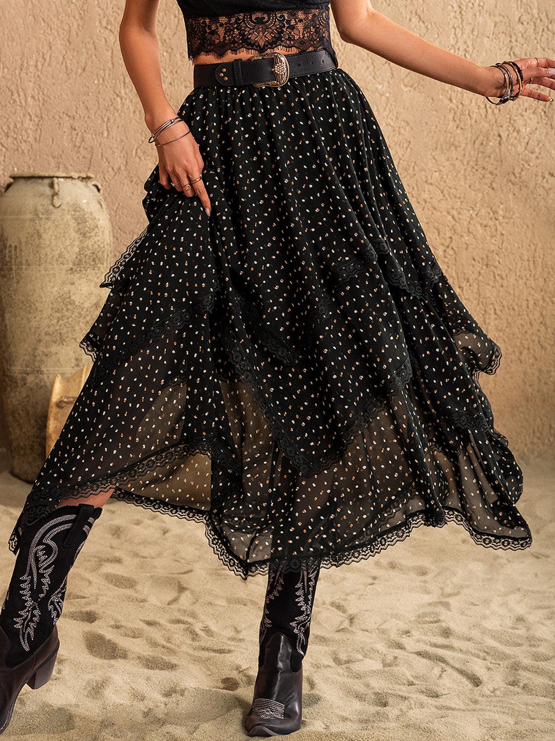 Lace Detail Layered Midi Skirt - Clothes For Her Online Store