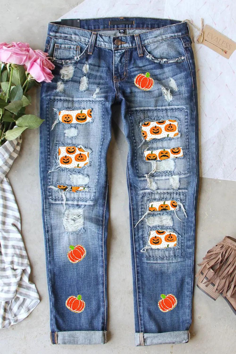 Distressed Pumpkin Jeans with Pockets - Clothes For Her Online Store