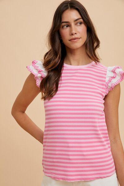 Annie Wear Ruffled Striped Round Neck Cap Sleeve Knit Top - Clothes For Her Online Store
