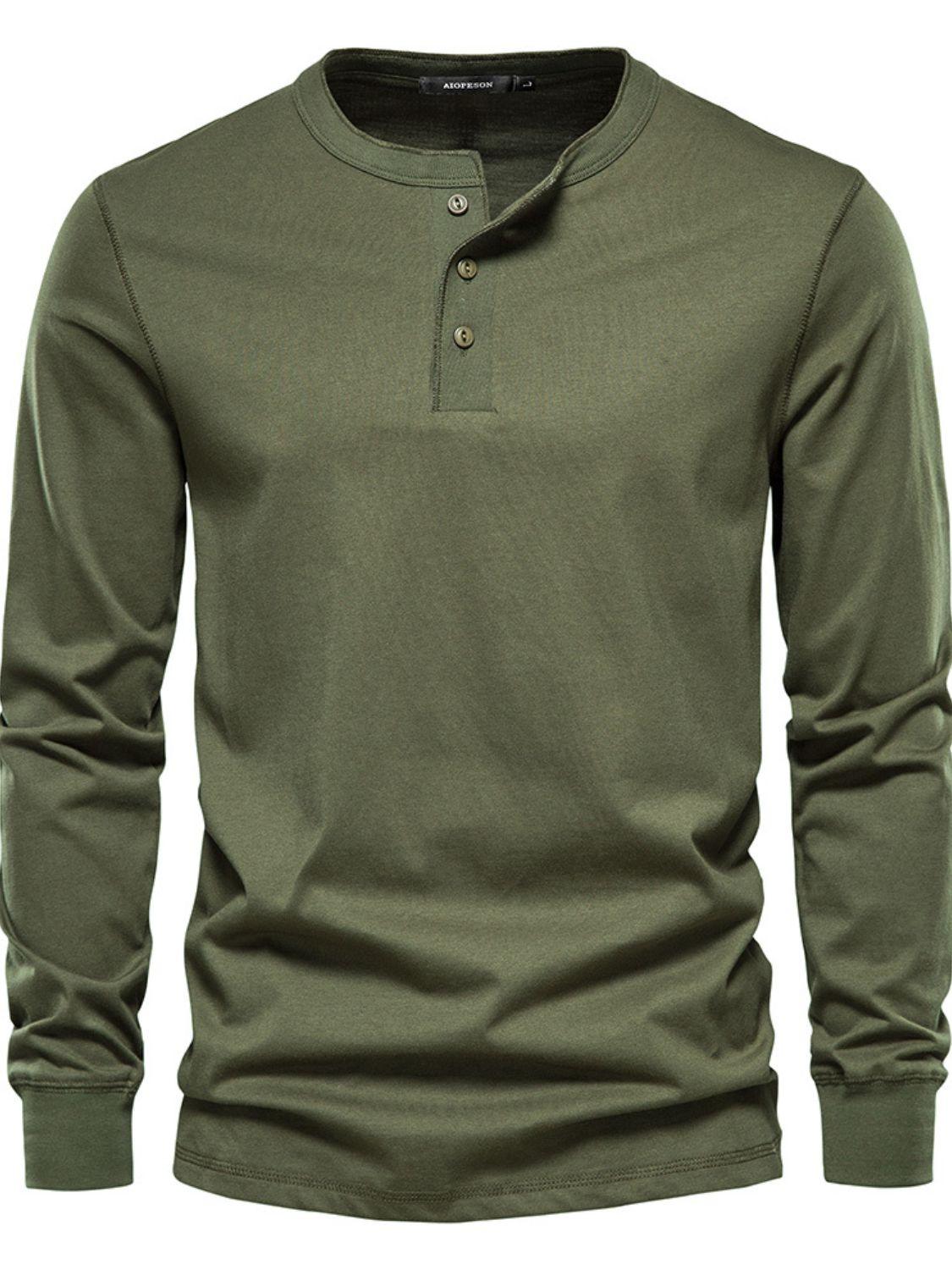 Men's Full Size Quarter Button Round Neck Long Sleeve T-Shirt Plus Size - Clothes For Her Online Store
