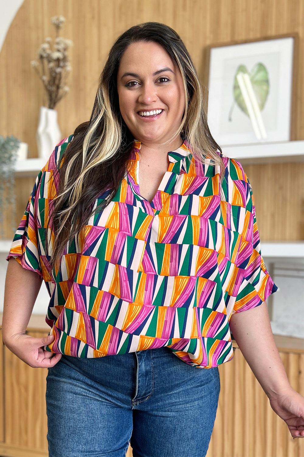 Double Take Full Size Geometric Notched Dolman Sleeve Top - Clothes For Her Online Store