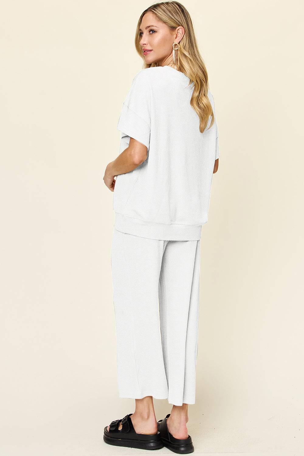Double Take Full Size Texture Round Neck Short Sleeve T-Shirt and Wide Leg Pants - Clothes For Her Online Store