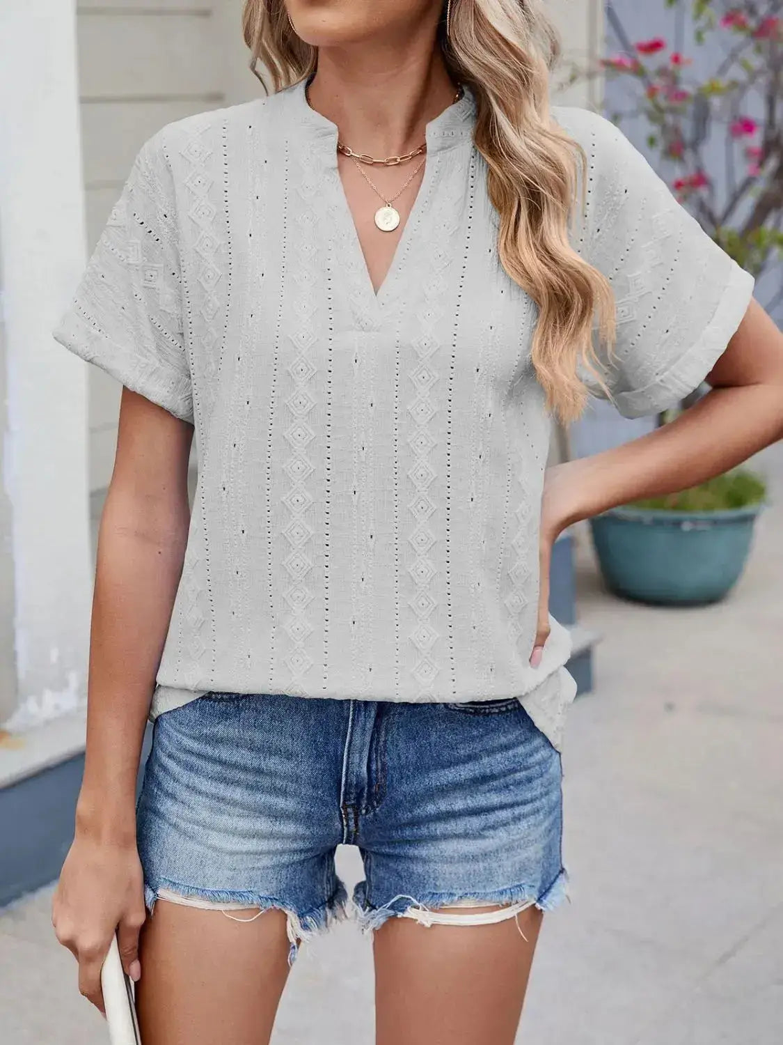 Eyelet Notched Short Sleeve Top - Clothes For Her Online Store