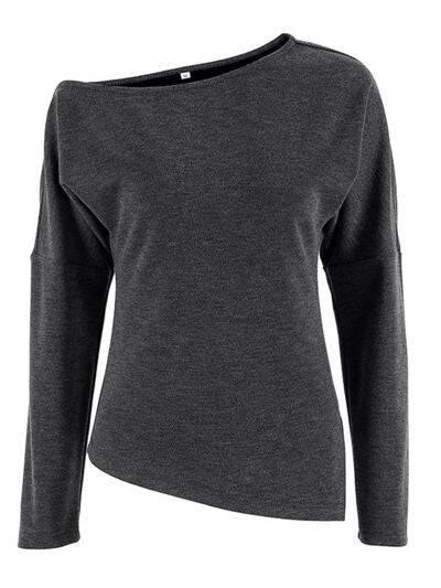 Side Slit One Shoulder Long Sleeve Top - Clothes For Her Online Store