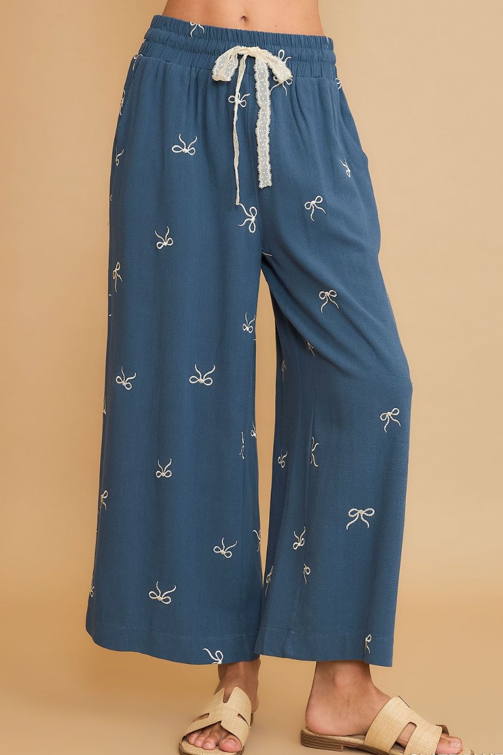 Umgee Full Size Lace Drawstring Embroidered Bow Wide Leg Pants Plus Size - Clothes For Her Online Store