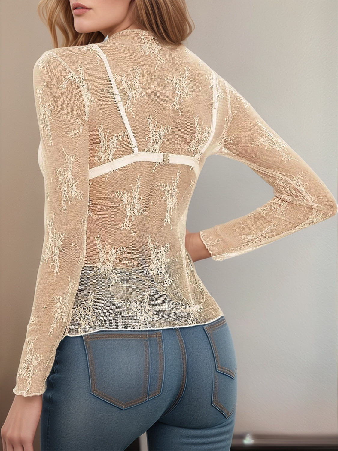 Floral Mock Neck Long Sleeve Mesh Top - Clothes For Her Online Store