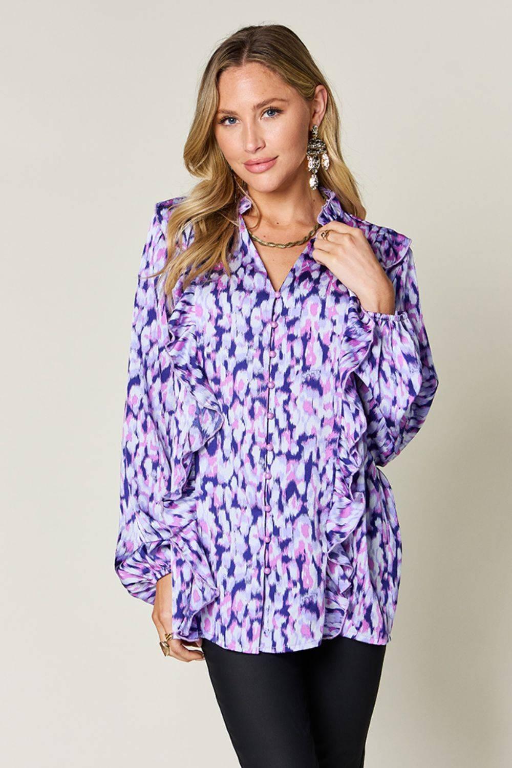 Double Take Full Size Printed Ruffle Trim Balloon Sleeve Shirt - Clothes For Her Online Store
