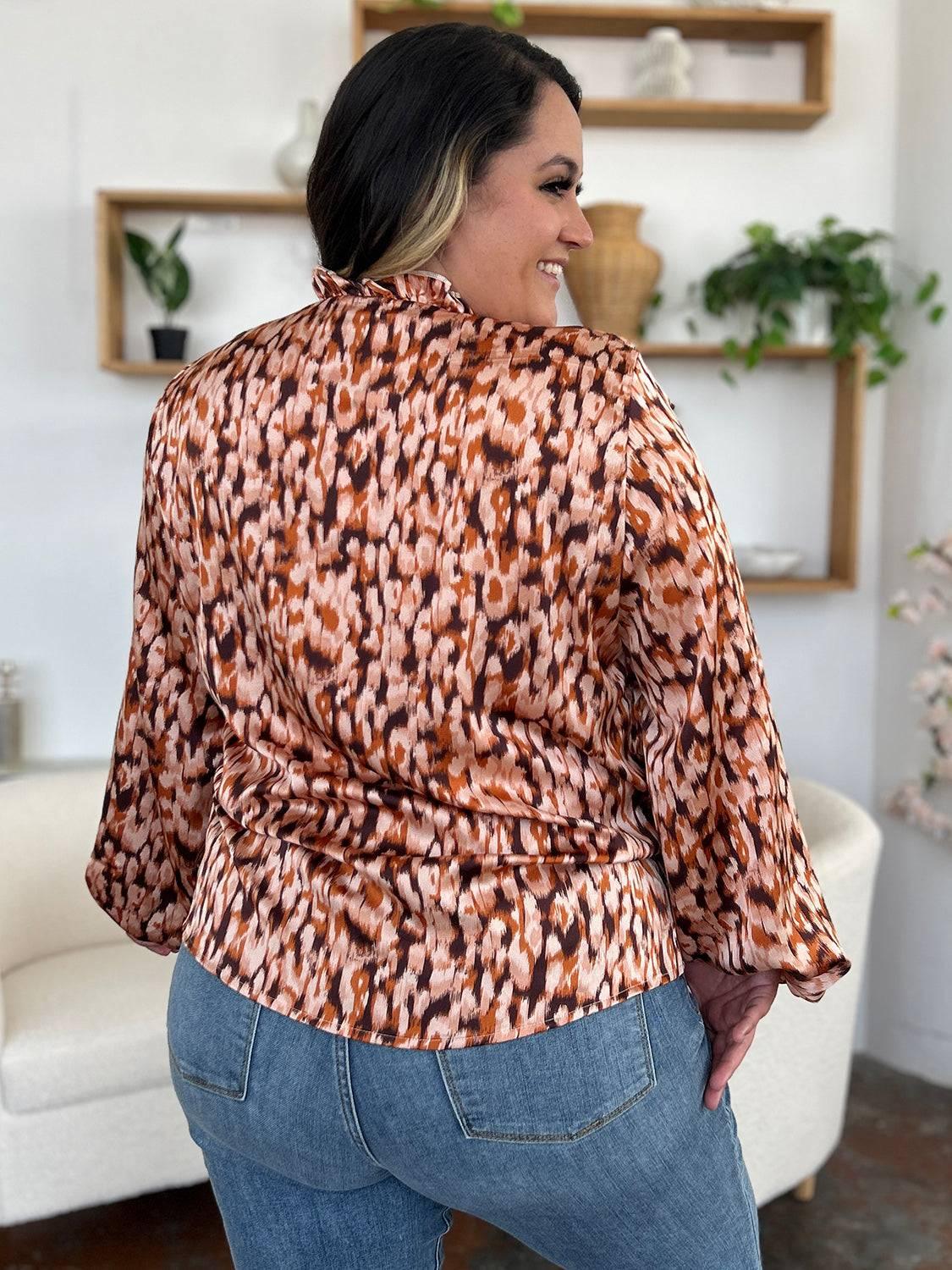 Double Take Full Size Printed Ruffle Trim Balloon Sleeve Shirt - Clothes For Her Online Store