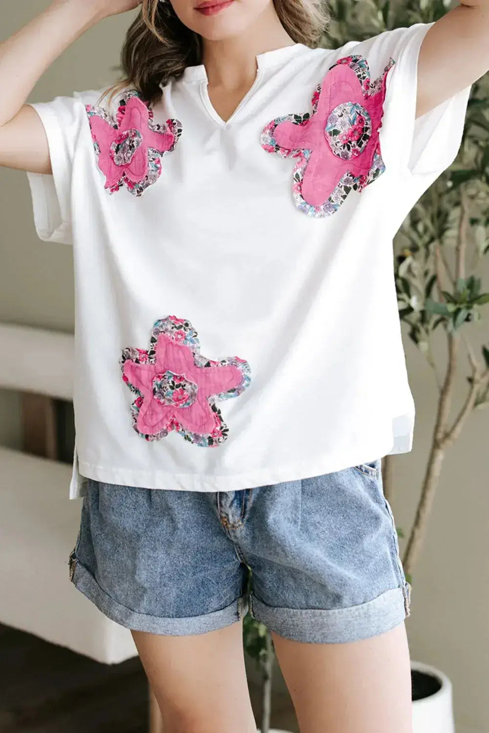 Floral Applique Notched Dolman Sleeve Top - Clothes For Her Online Store