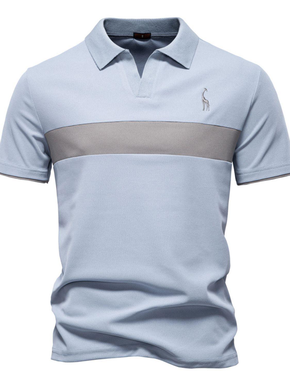 Men's Giraffe Embroidered Collared Neck Contrast Polo - Clothes For Her Online Store