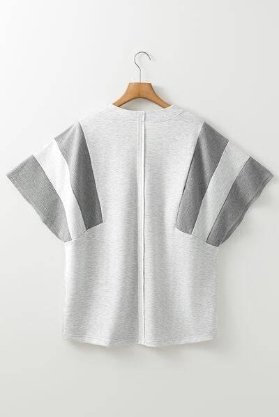Two Tone Contrast Waffle Knit Patched Buttoned V Neck Top - Clothes For Her Online Store