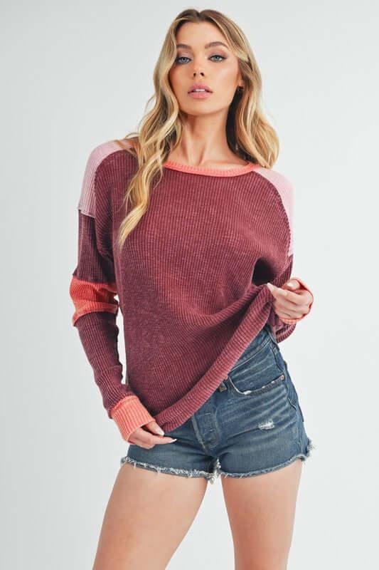Aemi + Co Raw Seam Color Block Round Neck Knit Top - Clothes For Her Online Store