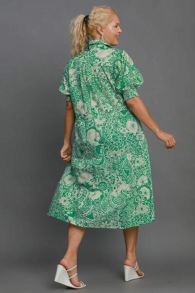 Umgee Full Size Printed Smocked Cuff Puff Sleeve Midi Dress Plus Size - Clothes For Her Online Store