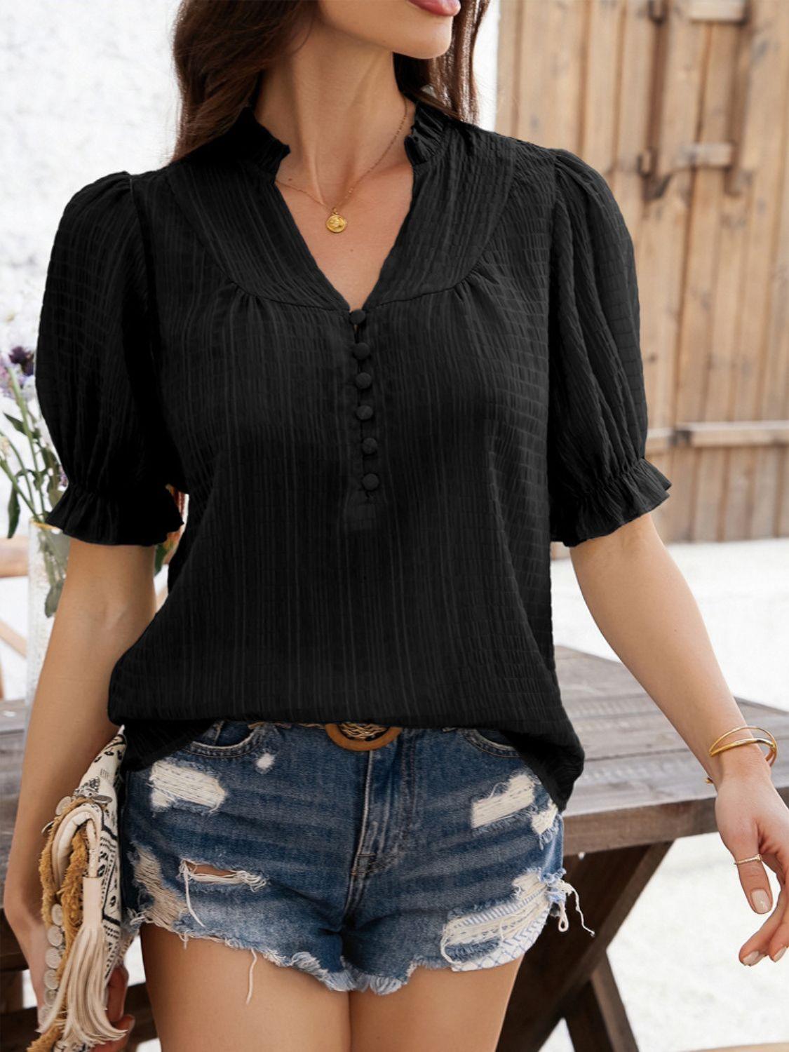 Devine Frill Notched Short Sleeve Blouse - Clothes For Her Online Store