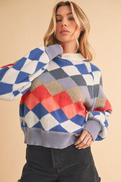Aemi + Co Diamond Mock Neck Raglan Sleeve Sweater - Clothes For Her Online Store