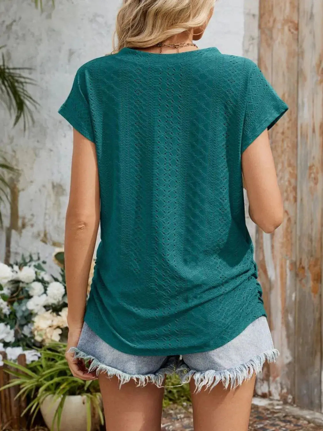 Eyelet V-Neck Short Sleeve Top - Clothes For Her Online Store