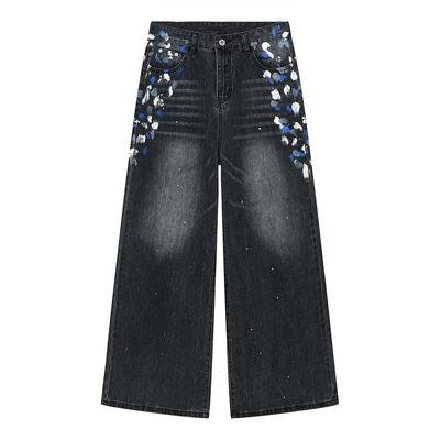 Watercolor Wide Leg Jeans with Pockets - Clothes For Her Online Store