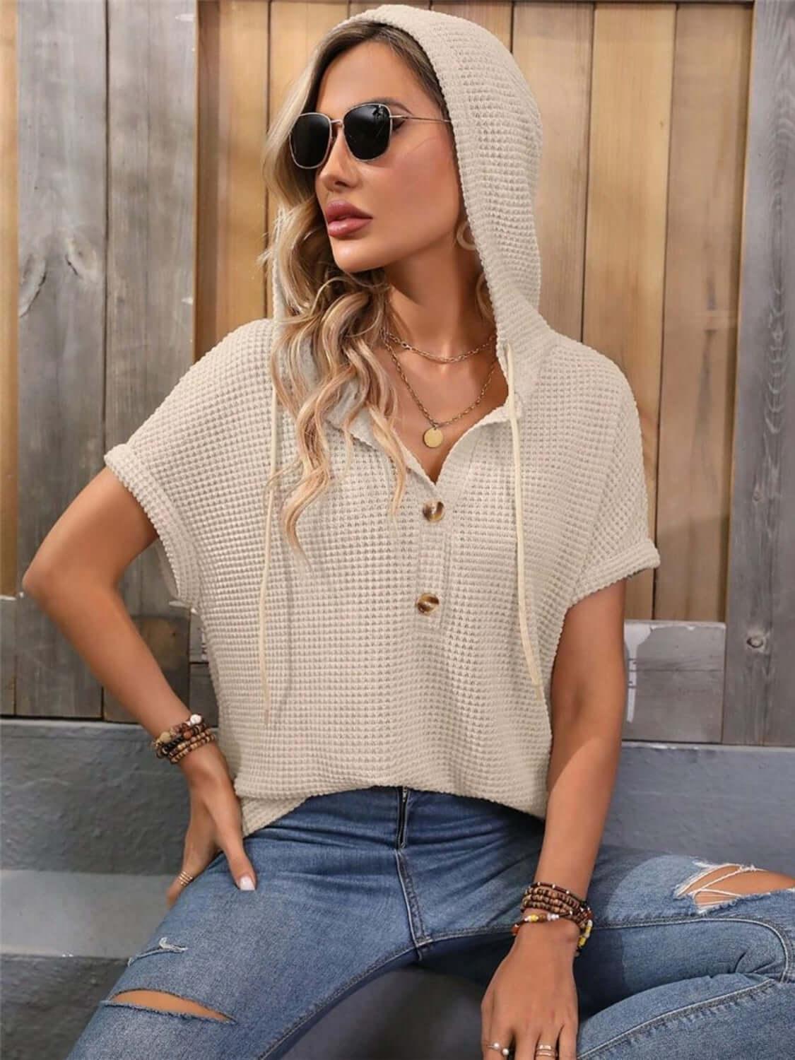Waffle-Knit Hooded Short Sleeve Top - Clothes For Her Online Store