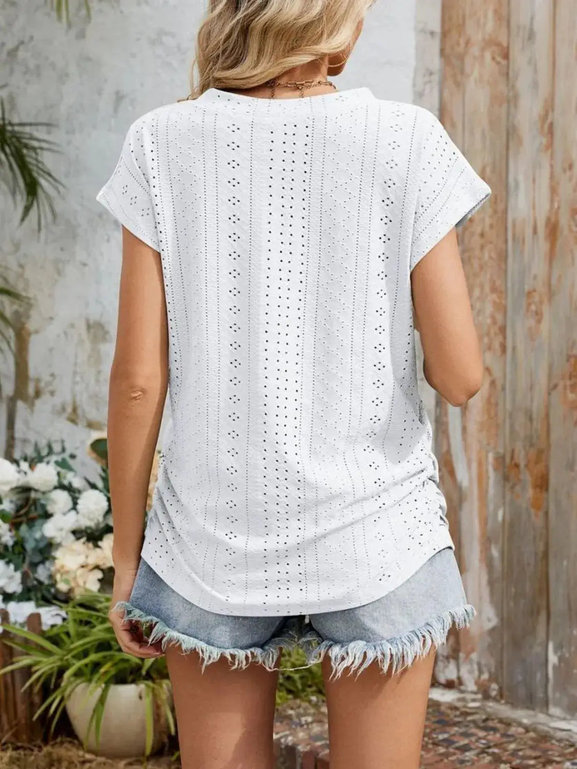 Eyelet V-Neck Short Sleeve Top - Clothes For Her Online Store